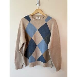 Viyella Wool Crew Neck Sweater Beige Blue Argyle Pattern Men's Size XL